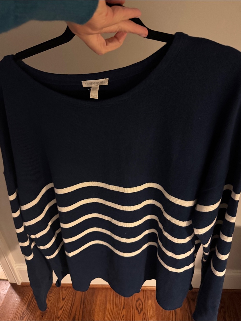 Eileen Fisher Navy Blue Crewneck Sweater with White Stripes